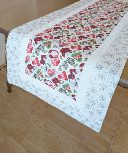 SupremeAccents_Hats and Mittens White Table Runner Christmas Table Runner Holiday Table Runner Dining Table Runner Handmade Table Runner Holiday Table Decor Modern Table Runner Mountain table runner Rustic table runner Seasonal table linens Table runner for kitchen island Winter dining room