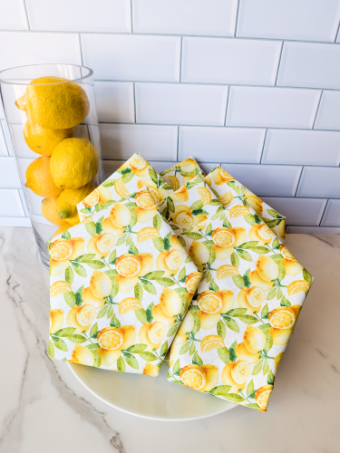 Supreme Accents_ Handmade Lemon Fabric Napkins reusable 100% cotton dinner napkins soft absorbent fabric napkins artisan-made kitchen textiles farmhouse lemon print cloth napkin set