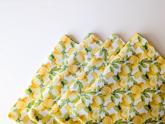 Supreme Accents_ Handmade Lemon Fabric Napkins reusable 100% cotton dinner napkins soft absorbent fabric napkins artisan-made kitchen textiles farmhouse lemon print cloth napkin set