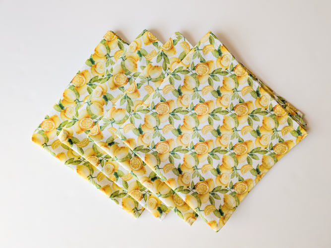Supreme Accents_ Handmade Lemon Fabric Napkins reusable 100% cotton dinner napkins soft absorbent fabric napkins artisan-made kitchen textiles farmhouse lemon print cloth napkin set