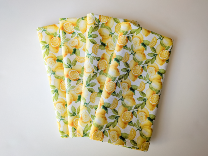 Supreme Accents_ Handmade Lemon Fabric Napkins reusable 100% cotton dinner napkins soft absorbent fabric napkins artisan-made kitchen textiles farmhouse lemon print cloth napkin set
