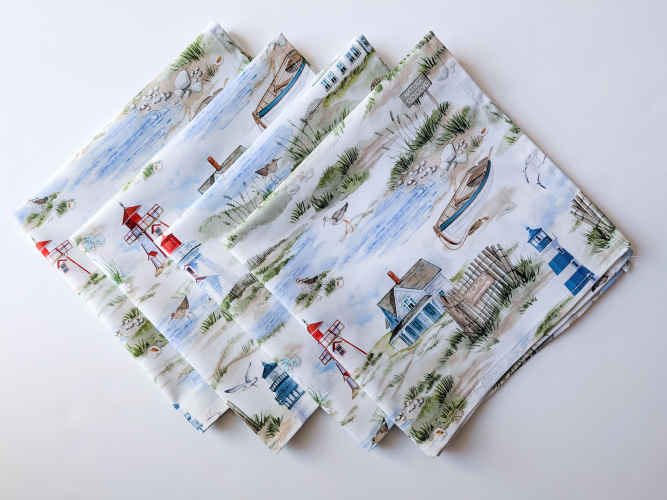 Lighthouse Napkins Handmade coastal kitchen decor ideas Nautical theme dining room accessories Unique lighthouse patterned home accents Eco-friendly reusable cloth napkins for summer Set of 4 handmade cotton napkins with lighthouses Soft cotton nautical napkins for beach house Washable handmade cloth napkins for coastal theme Premium cotton lighthouse napkins for dinner parties