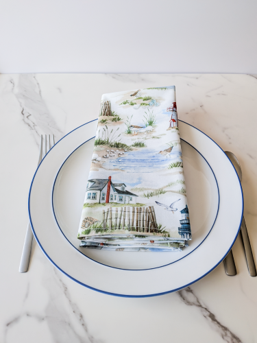 Lighthouse Napkins Handmade coastal kitchen decor ideas Nautical theme dining room accessories Unique lighthouse patterned home accents Eco-friendly reusable cloth napkins for summer Set of 4 handmade cotton napkins with lighthouses Soft cotton nautical napkins for beach house Washable handmade cloth napkins for coastal theme Premium cotton lighthouse napkins for dinner parties