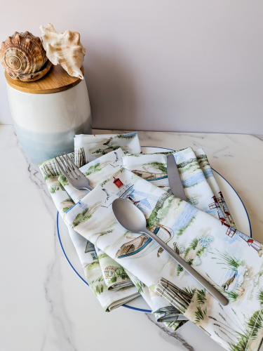 Lighthouse Napkins Handmade coastal kitchen decor ideas Nautical theme dining room accessories Unique lighthouse patterned home accents Eco-friendly reusable cloth napkins for summer Set of 4 handmade cotton napkins with lighthouses Soft cotton nautical napkins for beach house Washable handmade cloth napkins for coastal theme Premium cotton lighthouse napkins for dinner parties