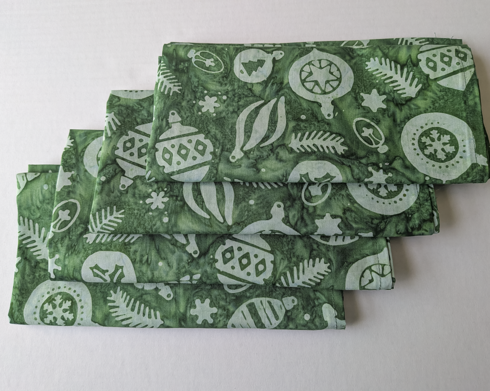 Green batik Christmas dinner napkins, Green Christmas napkins, cloth dinner napkins, holiday cloth napkins, Green batik dinner napkins, ornament print napkins, festive cloth napkin set, artisanal batik holiday table linens, washable cotton Christmas napkins set, Green Christmas napkins, cloth dinner napkins, holiday cloth napkins, Christmas table linens, Supreme Accents