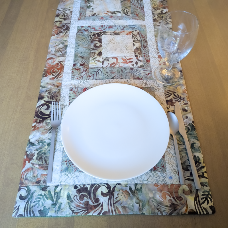 Moss & Tan Batik Table Runner,Batik Table Runner,best hand-quilted batik table runner, earth tone dining room decor ideas,Everyday table runner, hand-quilted cotton table runner,handcrafted earth tone batik table linens, handmade batik kitchen table linens,handmade quilted table runners,Handmade table linens,Handmade Table Runner, modern quilted table runners,patchwork table runner,Quilted Table Runner,rustic moss green and rust dining runner,Table runner for glass table,Table runner for kitchen island,Table setting,Unique table runner