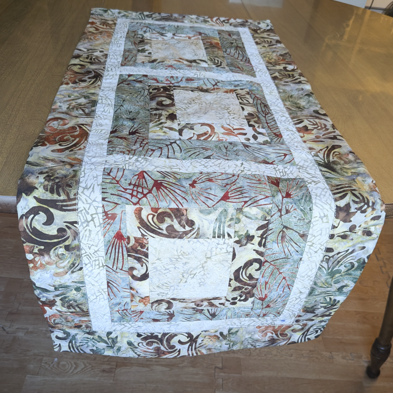 Moss & Tan Batik Table Runner,Batik Table Runner,best hand-quilted batik table runner, earth tone dining room decor ideas,Everyday table runner, hand-quilted cotton table runner,handcrafted earth tone batik table linens, handmade batik kitchen table linens,handmade quilted table runners,Handmade table linens,Handmade Table Runner, modern quilted table runners,patchwork table runner,Quilted Table Runner,rustic moss green and rust dining runner,Table runner for glass table,Table runner for kitchen island,Table setting,Unique table runner